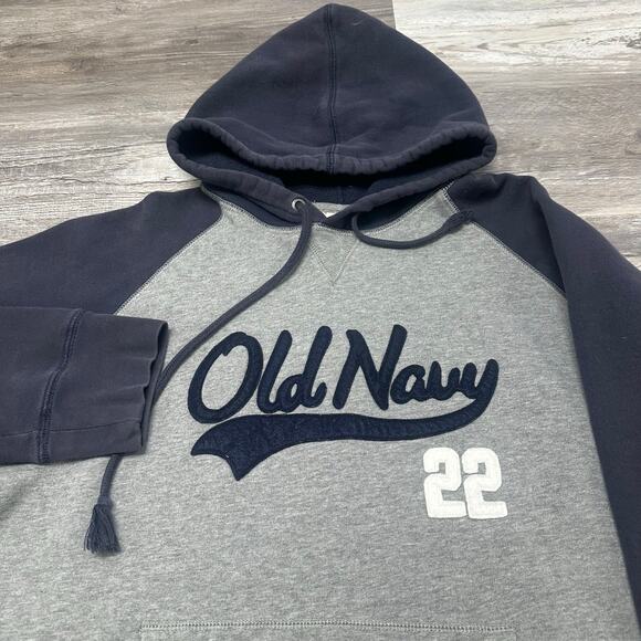 Old Navy Script Spellout Heather Gray Blue Mens XL Raglan Pullover Hoodie Y2K - Picture 1 of 7